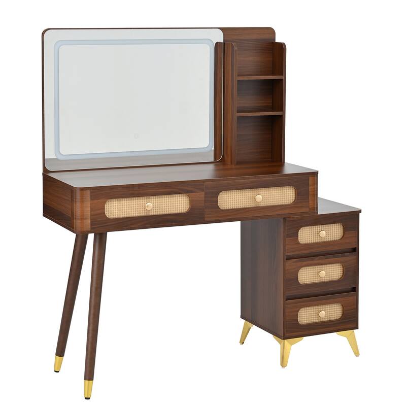 Retro Rattan Makeup Vanity Desk with 5 Drawers and Storage Shelf, Dressing Table with Rectangular Mirror and Touch Light