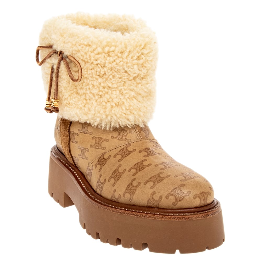 Celine Bulky Leather and Shearling Cropped Boots - Beige