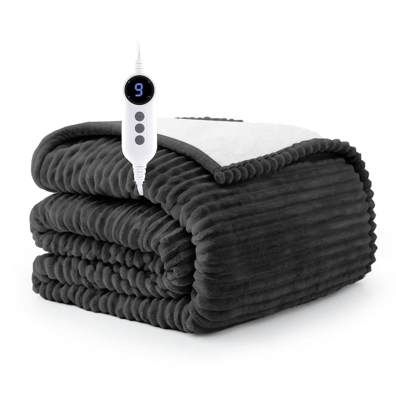Reversible Flannel & Sherpa Electric Blanket, Heated Throw with Temperature and Timing Functions of a Controller - 62"*84" - Charcoal Grey