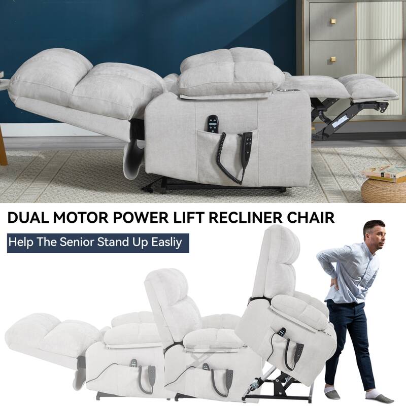 Roomfitters Dual Motor Power Lift Recliner Chair with Heat Massage Oversized Infinite Position Sofa with Cup Holders