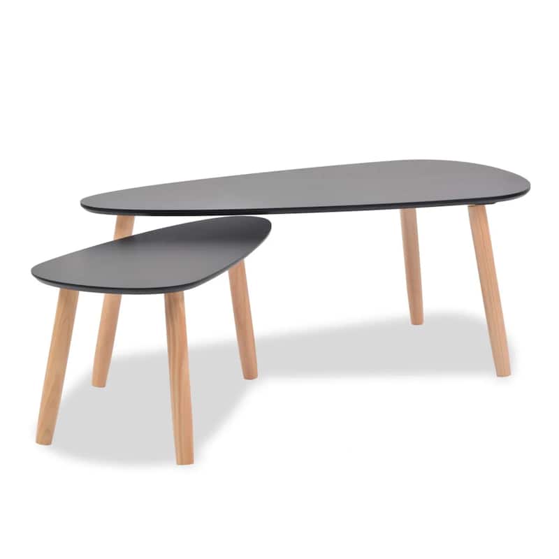 2 PIece Accent Coffee Table, Nesting, Black MDF, Brown Tapered Legs