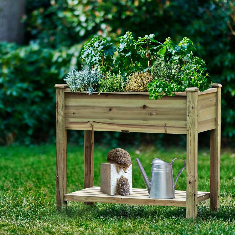 29.9" H Natural Wood Rectangular Raised Garden Planter with Shelf