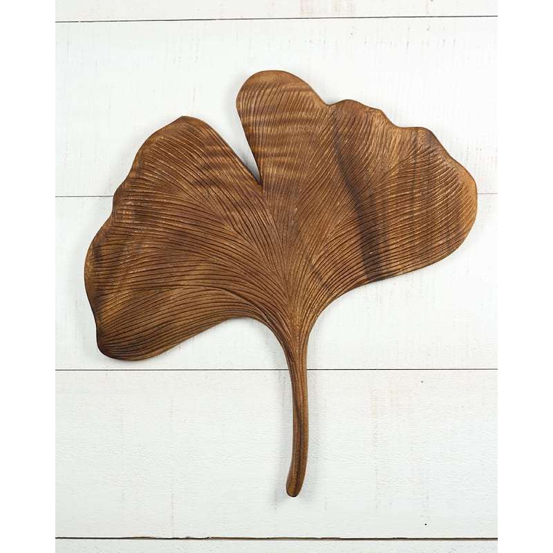 12" Hand Carved Wooden Ginkgo Leaf Wall Panel Nature-Inspired Botanical Wall Art, Rustic Home Decor - Single Ginkgo Leaf