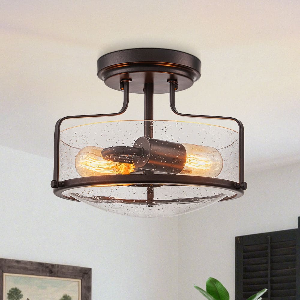 Farmhouse 2-Light Clear Seeded Glass Semi-Flush Mount Ceiling Light - N/A
