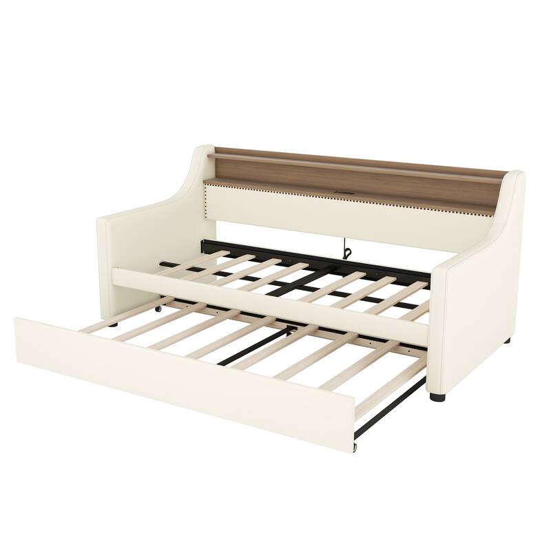 Twin Size Daybed with Trundle Bed, Bronze Nailhead Trim, Storage Headboard, LED, USB and Curved Armrest for Livingroom Gustroom