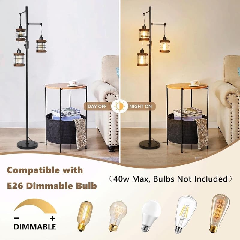 Airposta Dimmable Industrial Floor Lamp - 3-Light Wood & Metal Cage Floor Lamp