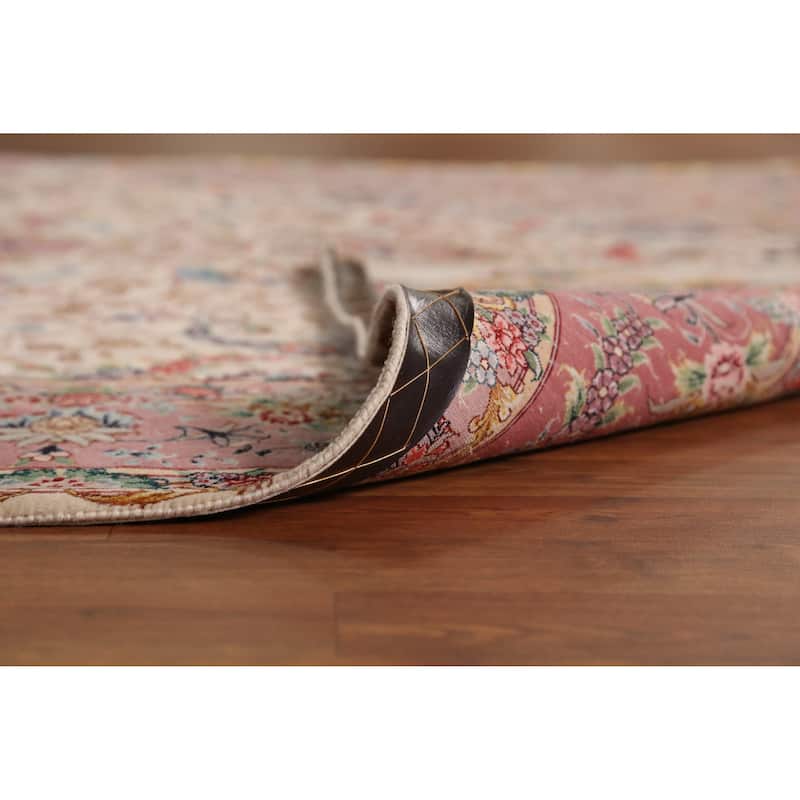 Hand Knotted Oriental Wool & Silk Carpet Traditional Floral Beige & Ivories Tabriz Area Rug - 10' 4'' X 6' 6''