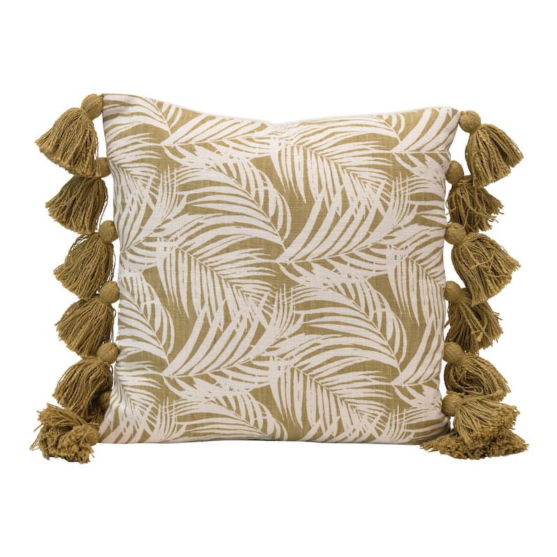 Cotton Pillow with Palm Frond Pattern & Tassels, Green and Natural