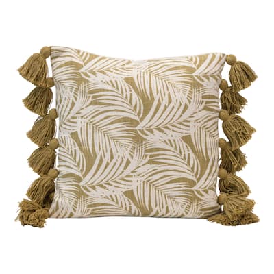 Cotton Pillow with Palm Frond Pattern & Tassels, Green and Natural