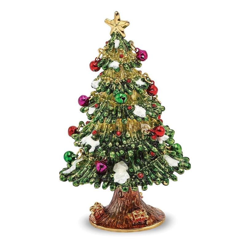 Curata Pewter Crystals Gold-Tone Enameled Deck The Halls Christmas Tree Trinket Box on 18 Inch Necklace