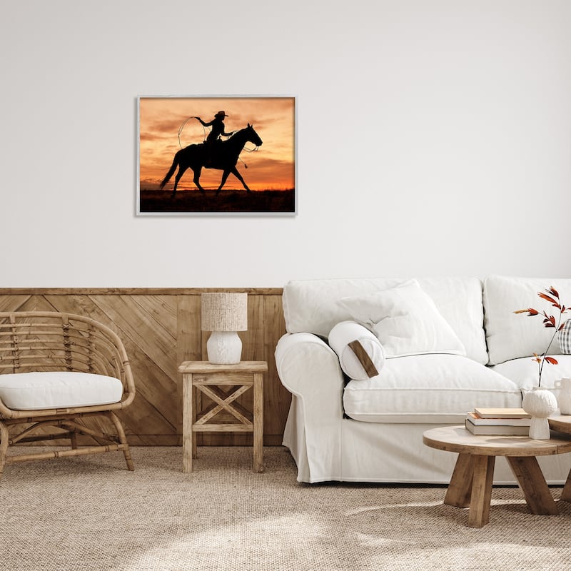 Stupell Cowgirl Sunset Silhouette Southwestern Horse Field Landscape Framed Wall Art