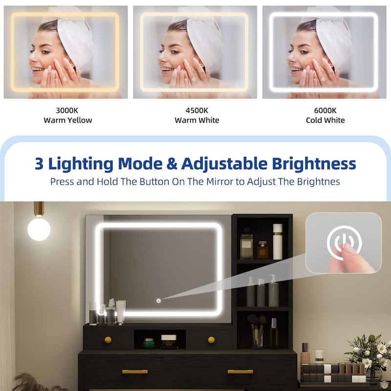 Moasis 64.9'' Makeup Vanity Desk Set with Drawers Storage Dresser & LED Lighted Mirror