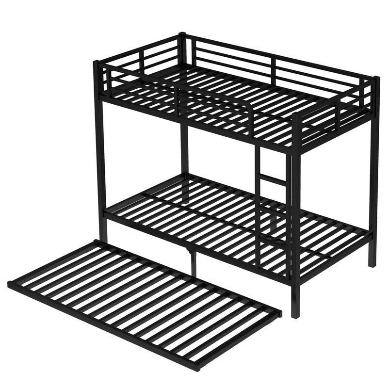 Roomfitters Twin/Full Metal Bunk Bed with Twin Trundle, Space-Saving Design for Teens & Adults, Black