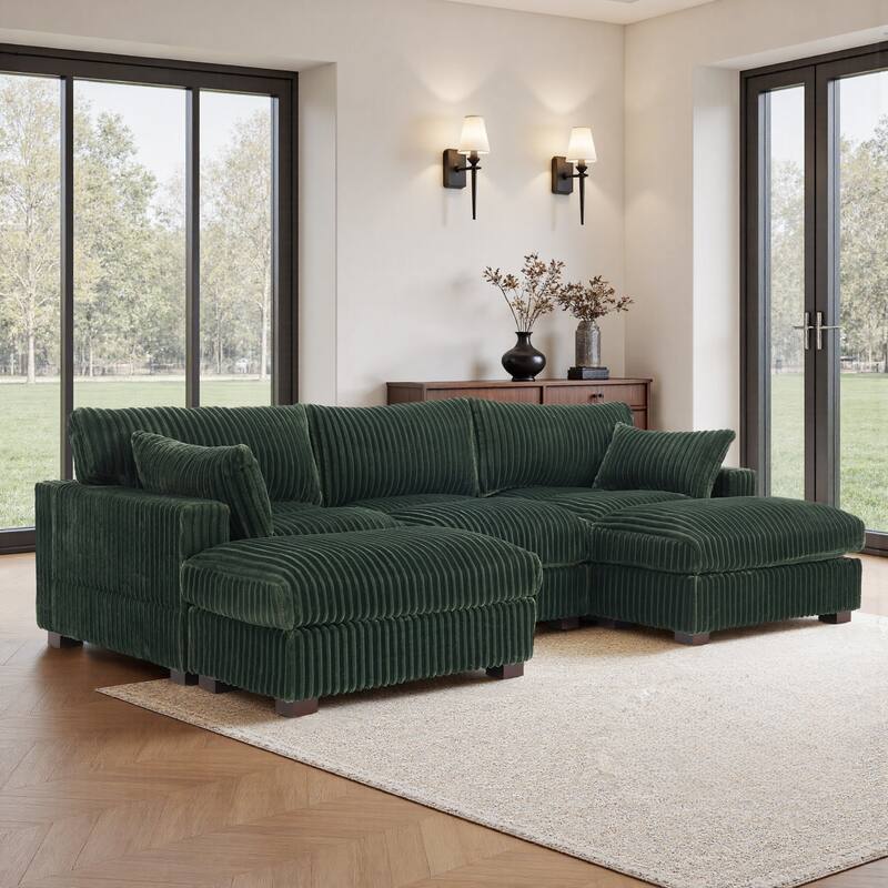 Upholstered Plush Flannel Modular Sectional Sofa with Pillows,Ajustable Headrest - Green-5-Piece