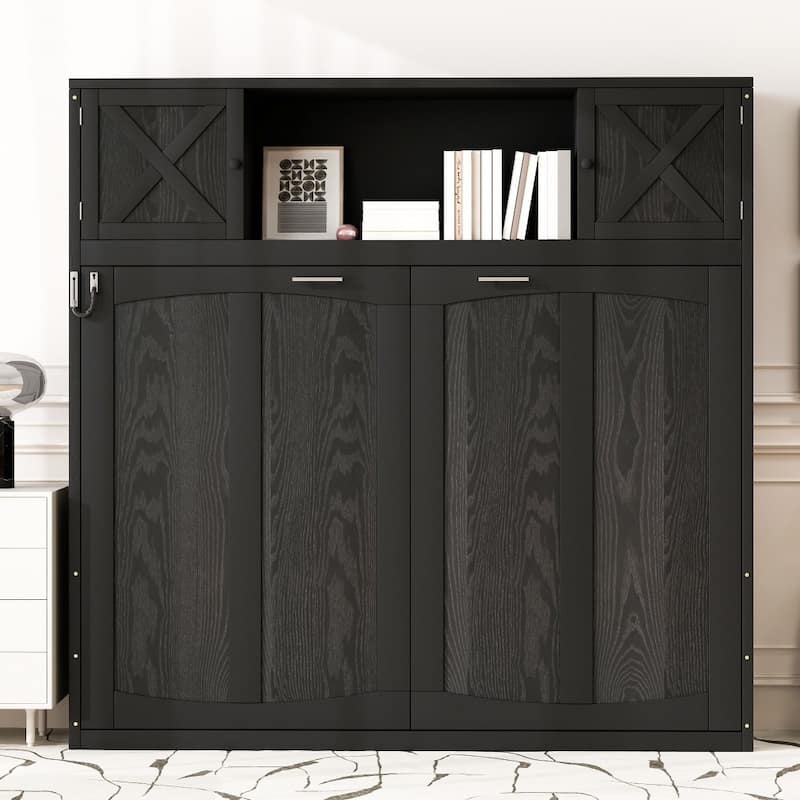 Rustic Full Size Murphy Bed Foldable Wall Bed with Top Storage Cabinets - Full - Black