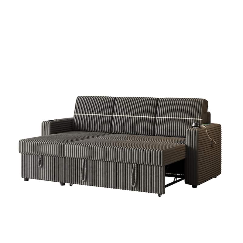 3-Seater Sleeper Sofa Bed with Corduroy Fabric, Storage Chaise, USB Charger, and Cup Holders