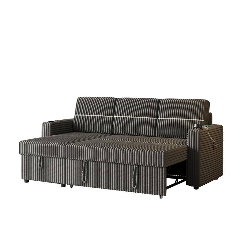 Pull-Out Sofa Bed with Storage Chaise, USB Port, and Cup Holders - 3-Seater Sleeper Couch