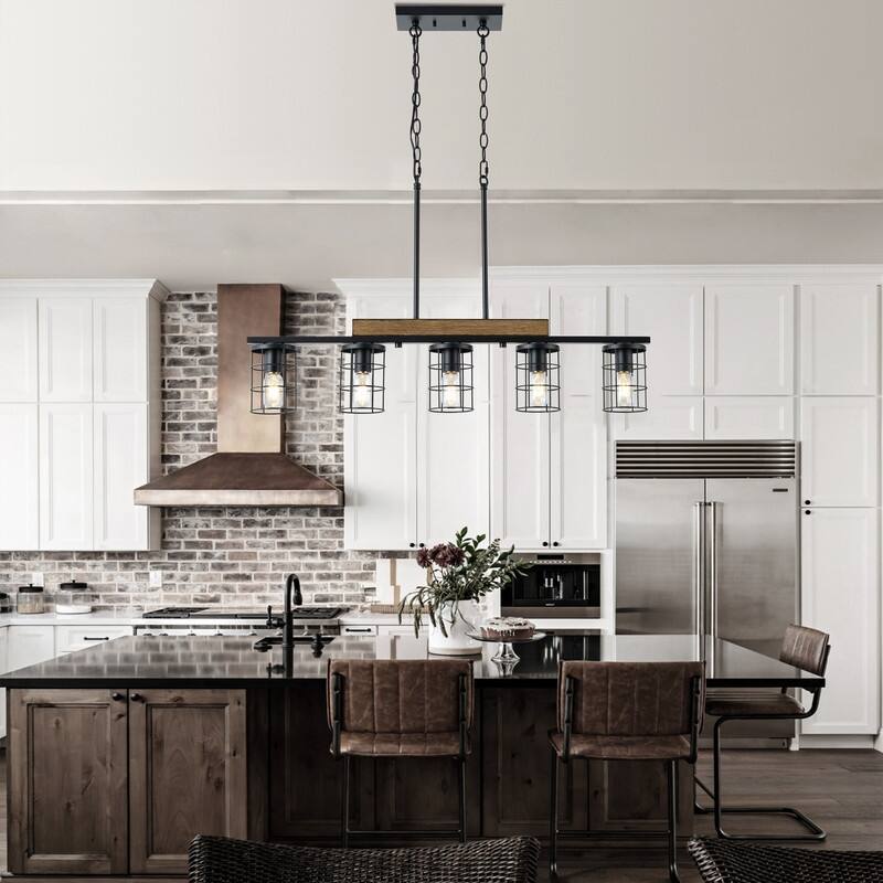 Modern Industrial 5 Light Black Iron Pendant Light Faux Wood Grain Ceiling Fixture