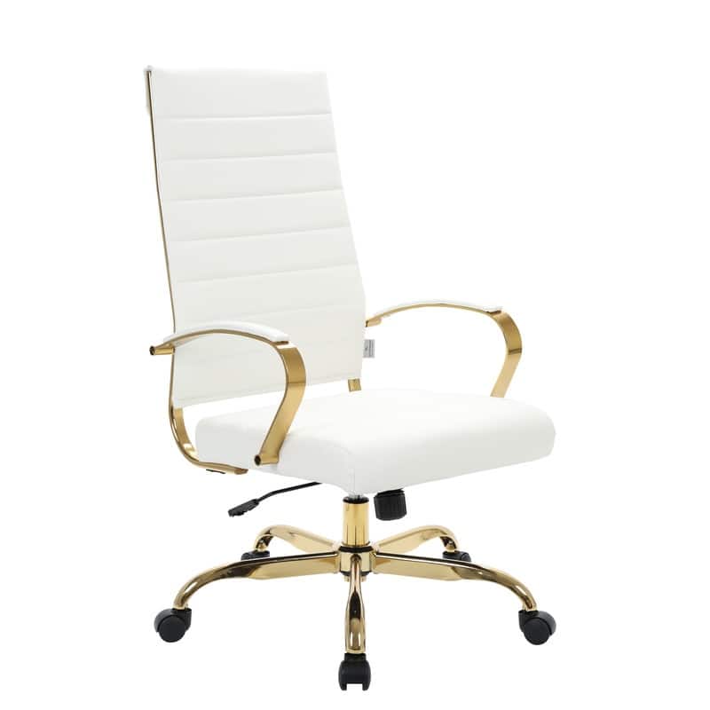 Benmar Ergonomic Ribbed Backrest Leather Executive Office Chair with Gold Frame, Adjustable Height, Tilt, Swivel, Smooth Casters