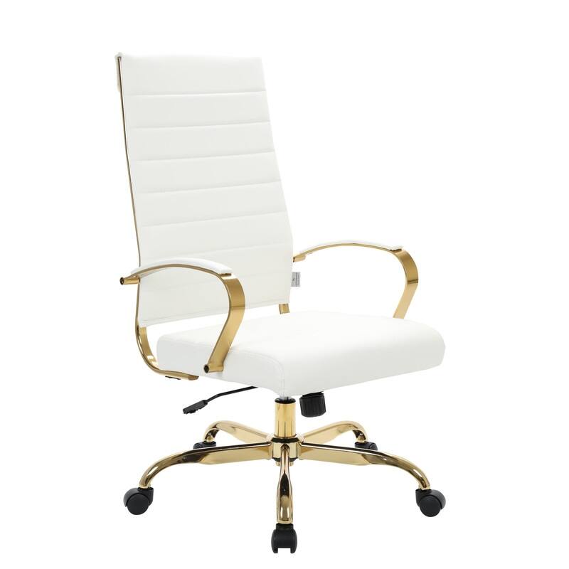 Benmar High-Back Leather Office Desk Chair in Brushed Gold Steel Frame Cushion Padded Armrests Tilt Lock Swivel Ergonomic Chair - White