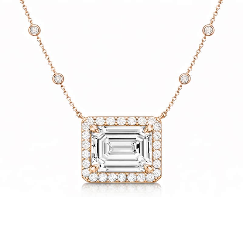 Auriya 14K Gold Lab Grown Emerald-Cut Diamond Halo Pendant with Bezel Necklace 1.00 to 5.00 ct. tw. (F-G VS) - Rose - 4.40ct. tw.