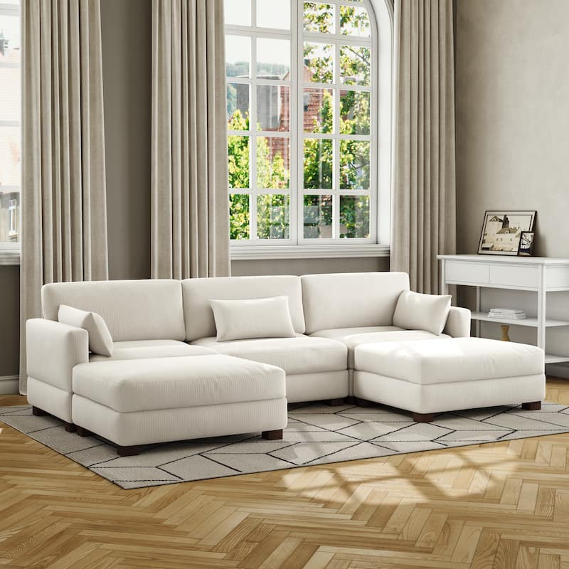 Corduroy Upholstered Modular Sectional Sofa for Living Room - BEIGE 5-PIECE
