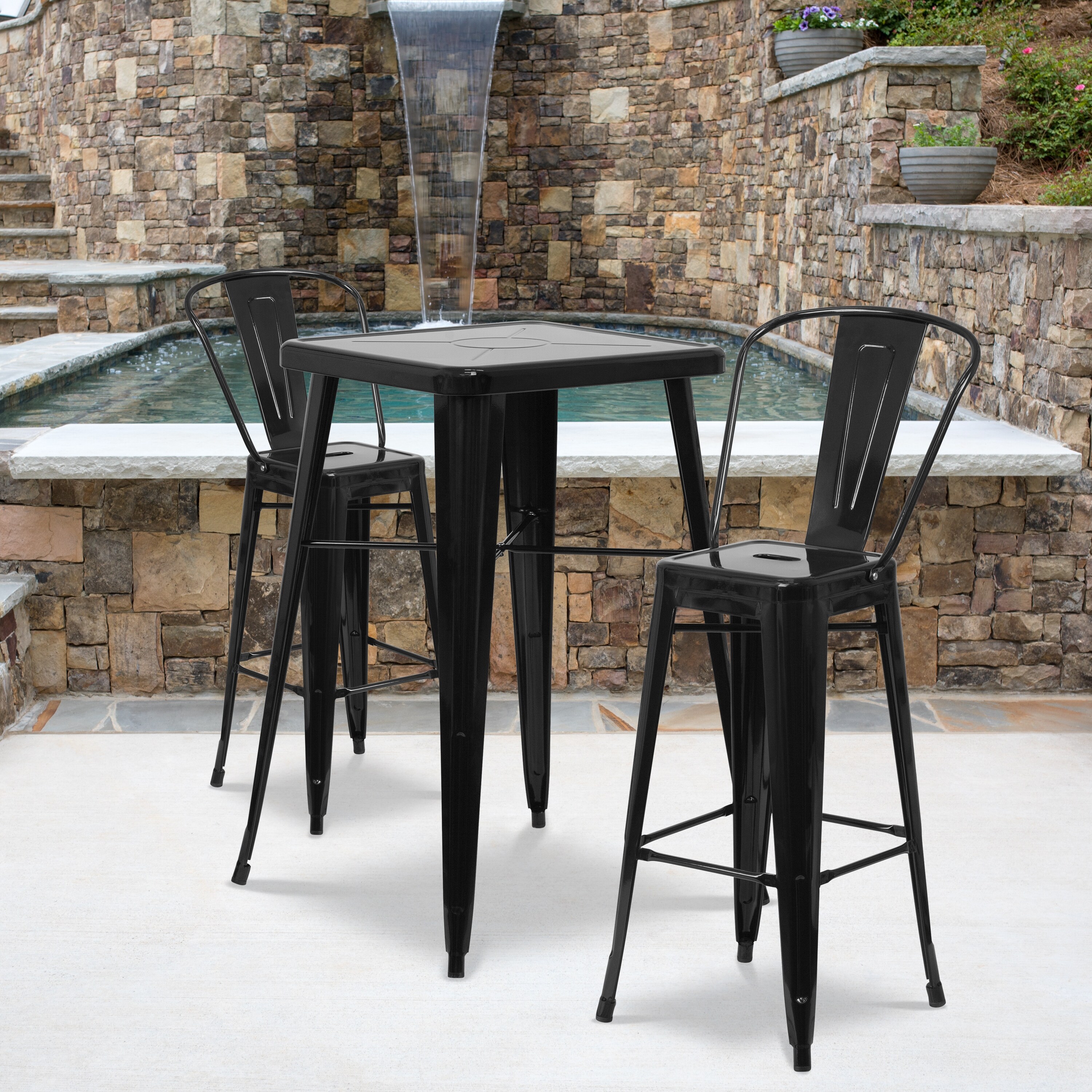 Shop 23 75 Square Metal Indoor Outdoor Bar Table Set With 2 Stools With Backs 27 75 W X 27 75 D X 40 H 27 75 W X 27 75 D X 40 H On Sale Overstock 20009763