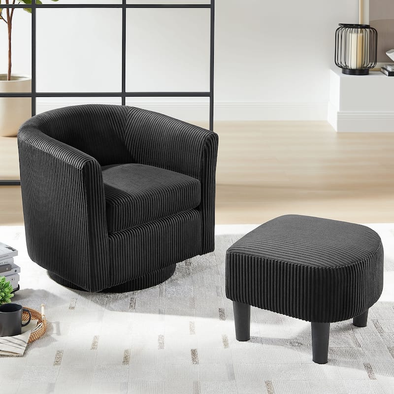 Swivel Accent Chair 360° Comfy Recliner Corduroy Arm Chair Single Sofa with Ottoman for Living Room Bedroom - Black