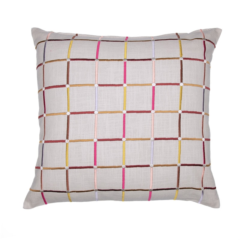HomeRoots 20" White Check Cotton Blend Throw Pillow With Embroidery
