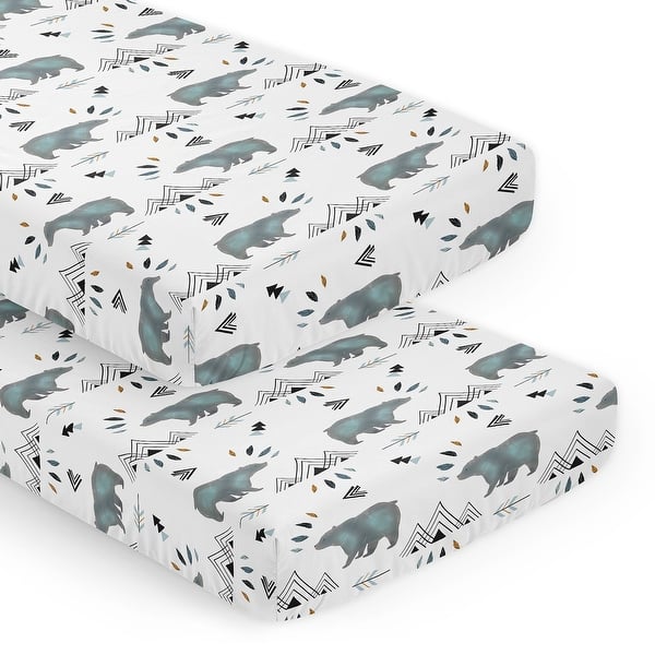 slide 2 of 5, Sweet Jojo Designs Bear Mountain Slate Blue Boy 2 Pack Fitted Crib Sheets Black and White Watercolor Woodland Forest Animal