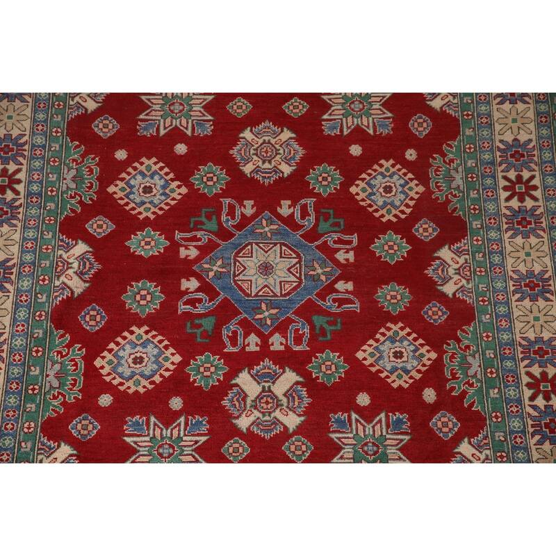 Red Geometric Kazak Oriental Area Rug Hand-Knotted Wool Carpet - 6'8" x 9'7"