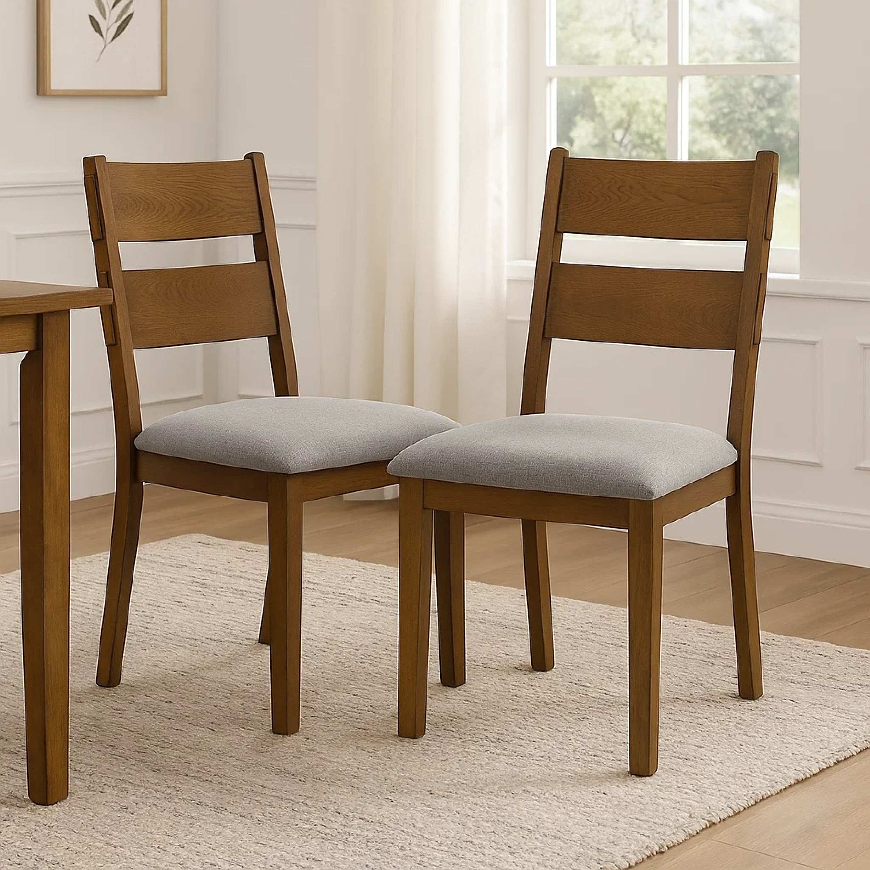 Lyoi Dining Chair Set of 2, Gray Padded Fabric Seat, Brown Wood Legs