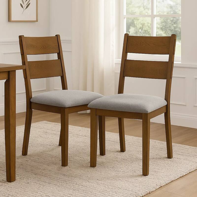 Lyoi Dining Chair Set of 2, Gray Padded Fabric Seat, Brown Wood Legs