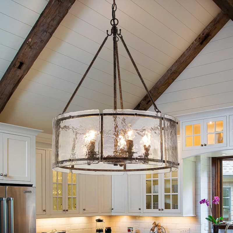 Modern 5-Light 20.5" Lantern Drum Chandelier Water Ripple Glass Pendant for Dining Room