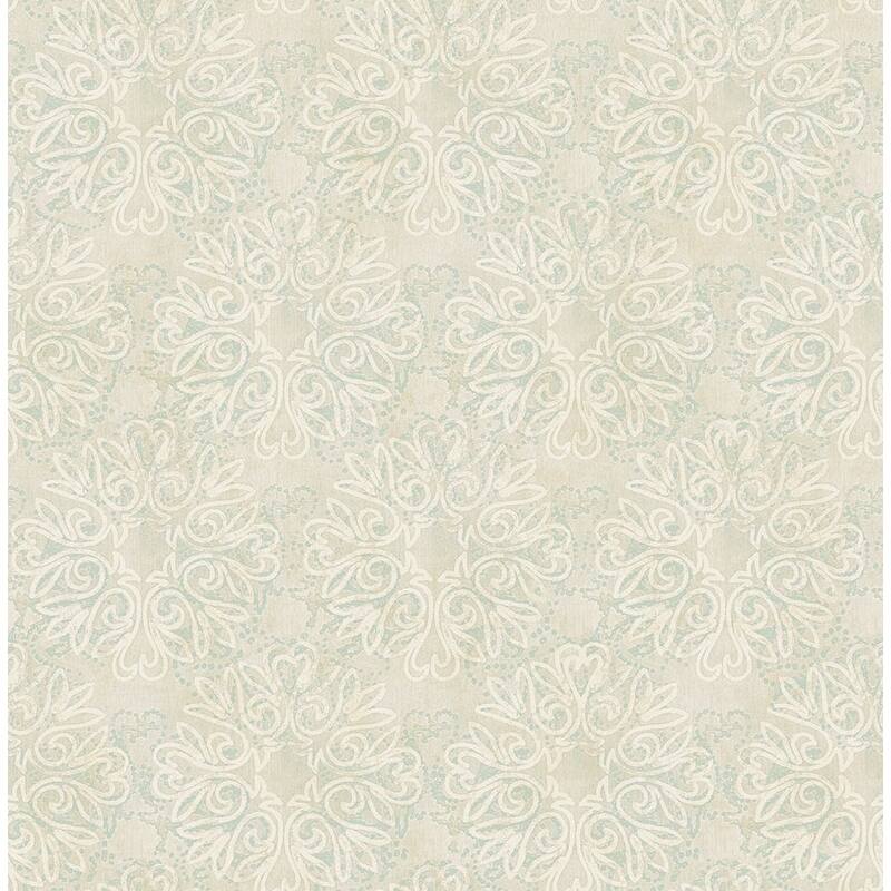 Seabrook Design Rhea Floral Medallion Unpasted Wallpaper - 20.5 in W x 33 ft. L - Metallic Almond & Blue Smoke