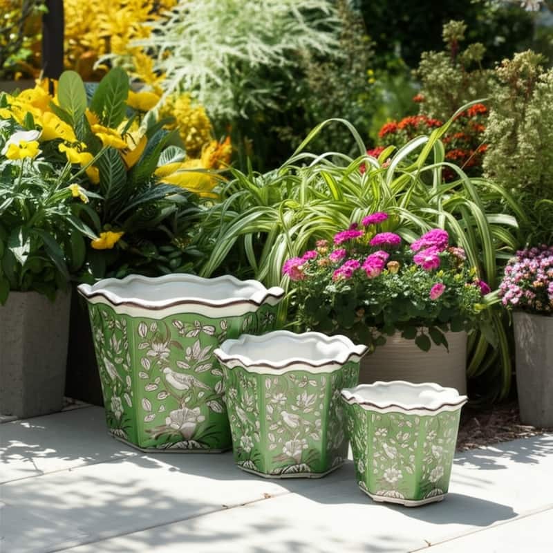 Ceramic Planters Intricate Detailing Durable Handmade (Set of 3) - 12" x 11" x 9"