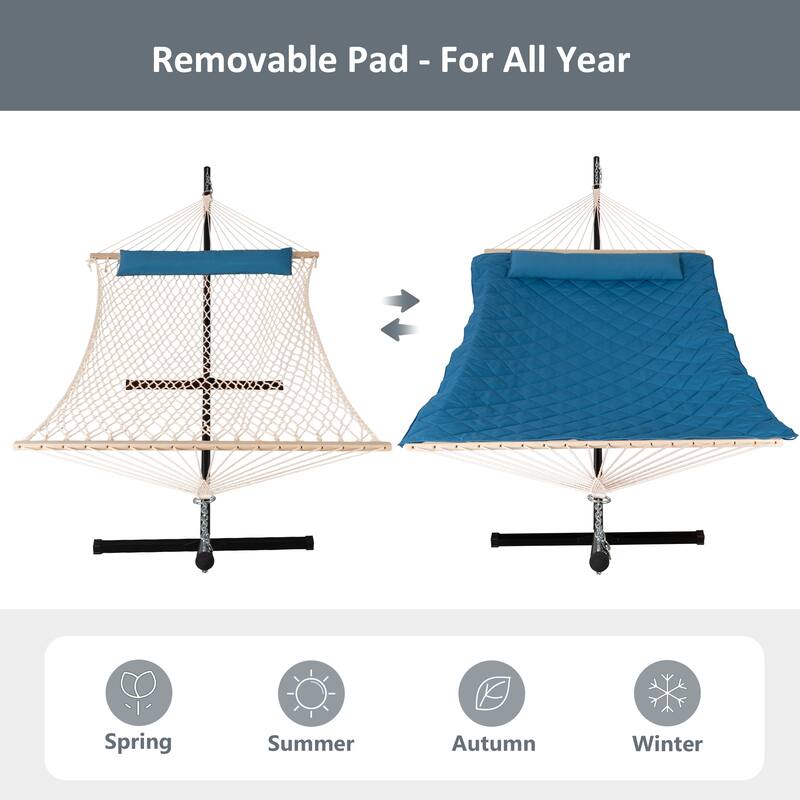 Double Hammock with Stand Included, Rope Hammock with Detachable Pillow and Hammock Pad, 450 LBS Weight Capacity, Blue