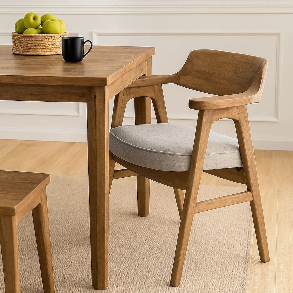 Zsy Dining Armchair, Anew Gray, Natural Brown Birch Wood, Curved Back