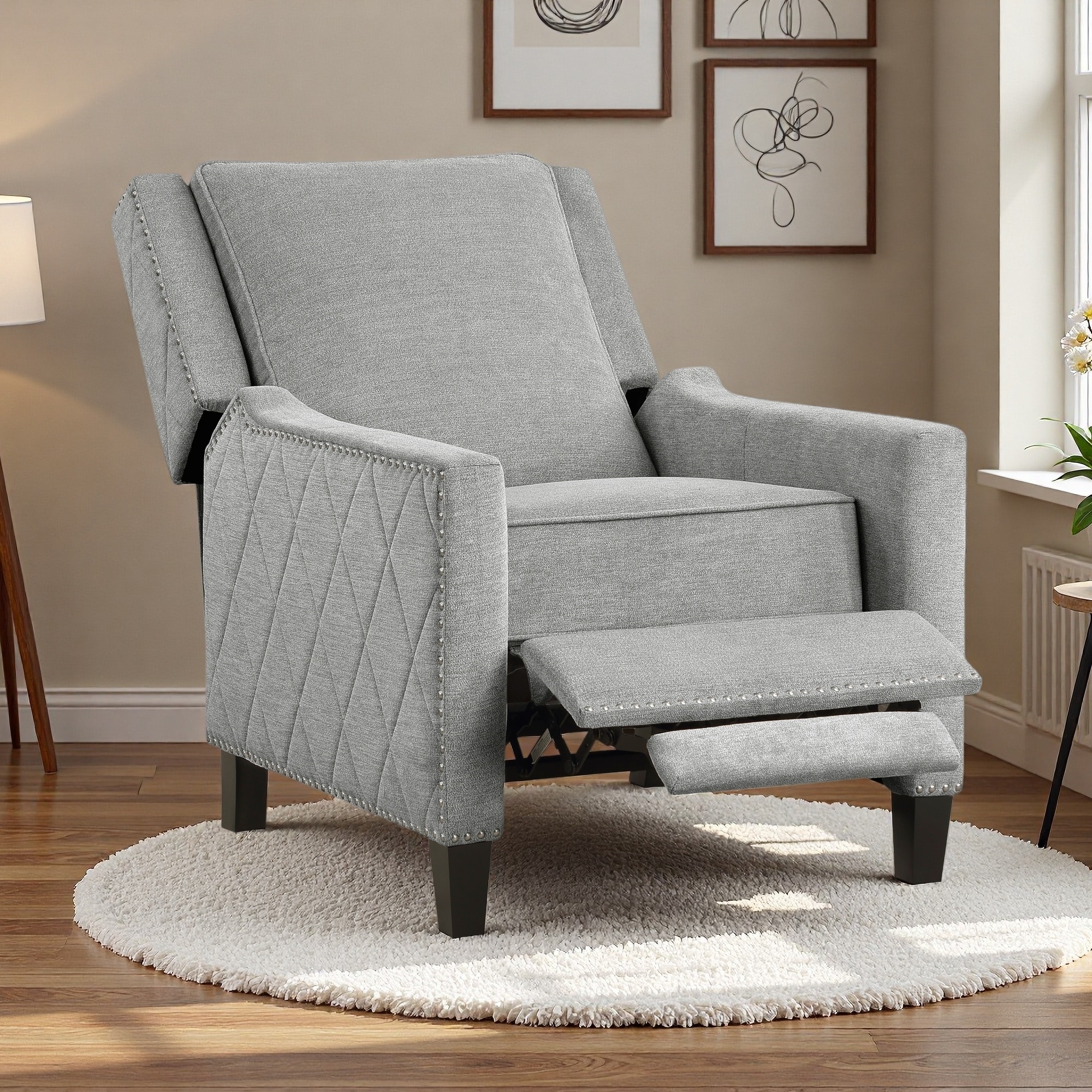 Textured Fabric Foam Push-Back Recliner with Nailhead Trim, Pocket Coils, Self-Recline, Wood Frame, 300LB Capacity