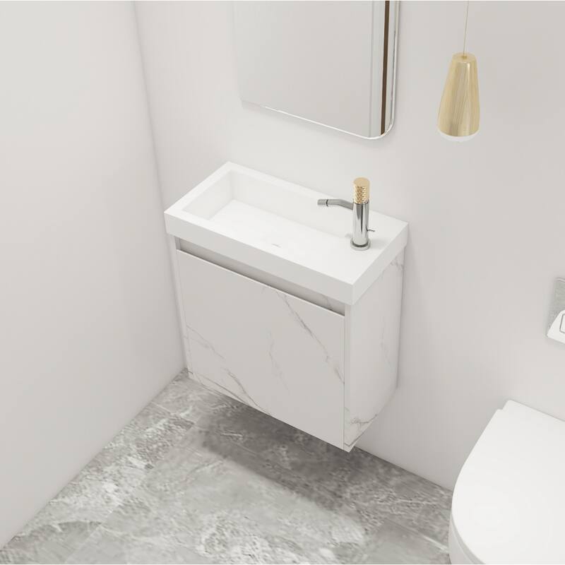 Malwee 20" Floating Bathroom Vanity, Mini Wall Mounted Bathroom Vanity with Resin Sink and Soft Close Door - Carrara White+White Sink