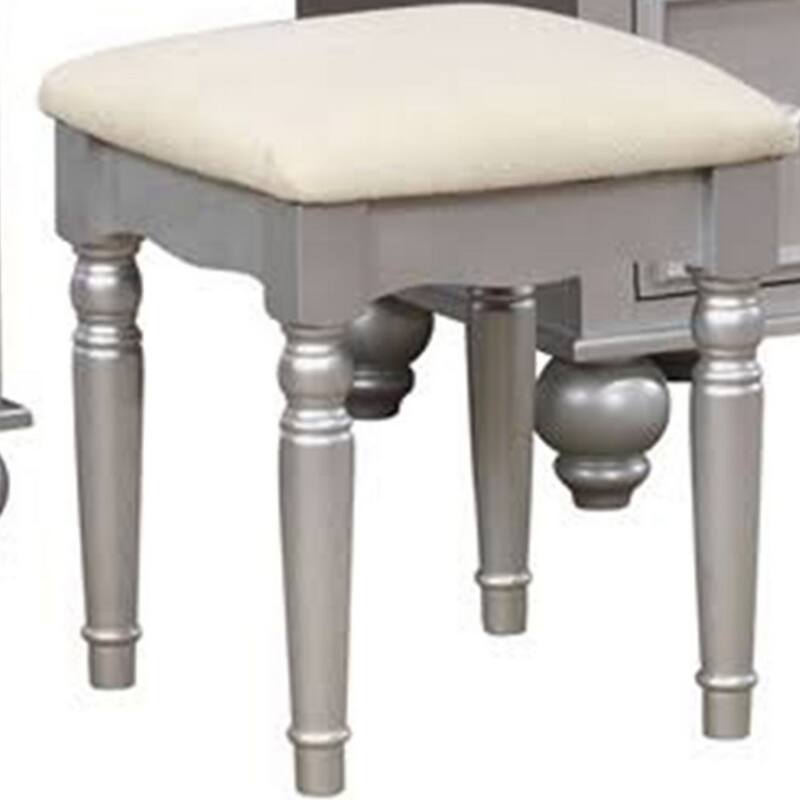 Cael 60 Inch Vanity Desk with Stool, Drawers, 3 Sided Mirror, Silver Wood