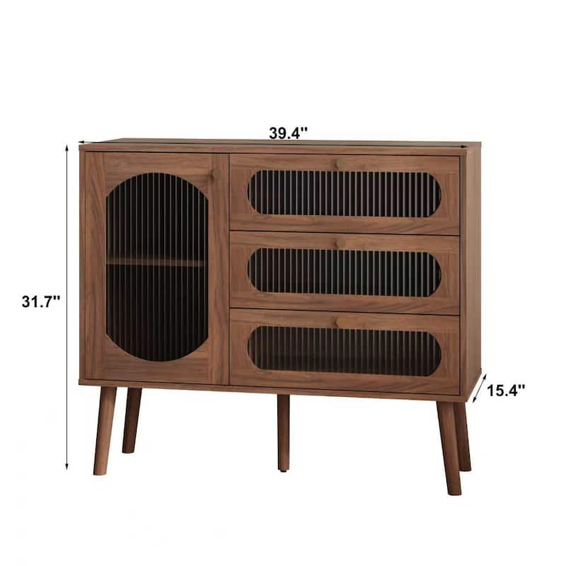 Natural Wood Accent Cabinet with 3 Drawers and Door, Storage Sideboard with Shelves for Living Room or Entryway