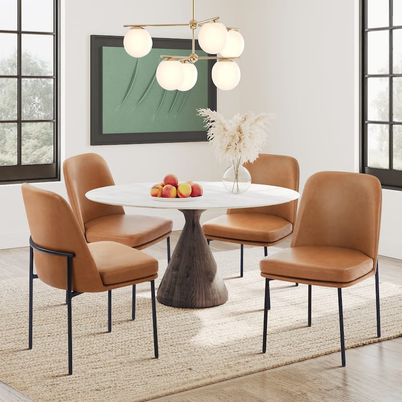 Set of 2 Modern Dining Chairs with Curved Back & Metal Legs, Fabric or Leather Upholstered - Brown-New Leather