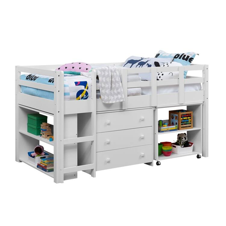 Twin Size Low Loft Bed with Desk and Storage - Kids Pine Wood Loft Bed with Cabinet and Study Space