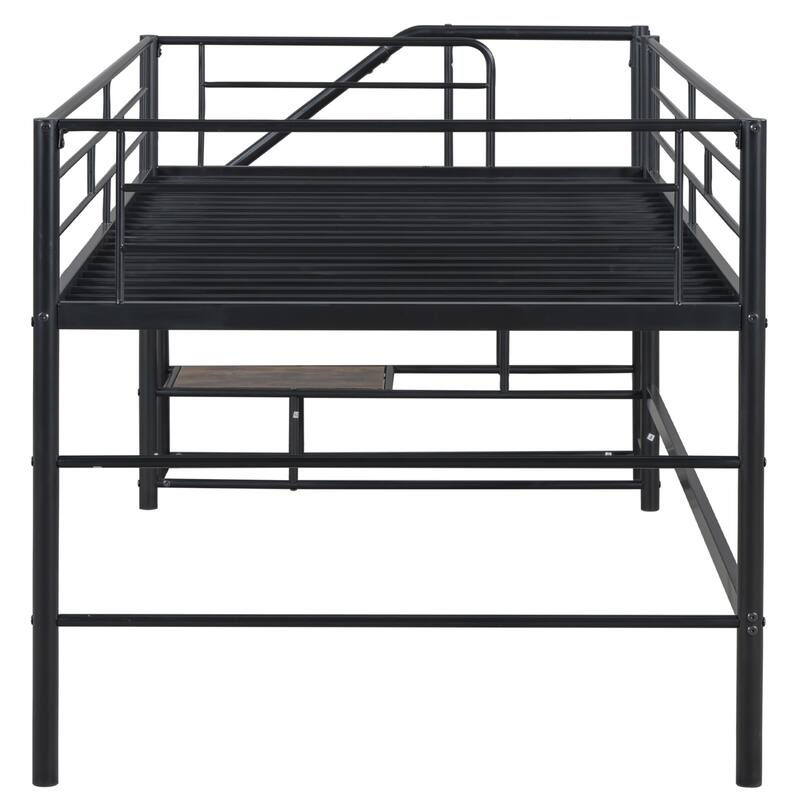 Twin Size MDF Metal Mid Loft Bed with Storage stairs and Fence for Kids, Boys and Girls, Bedroom