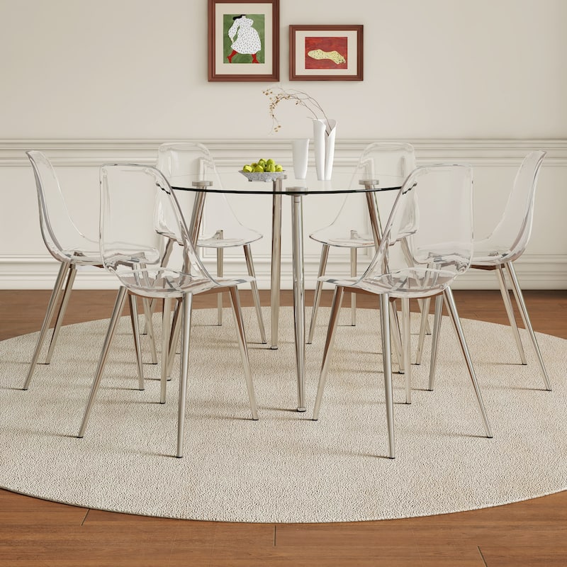 7-Piece Dining Table Set.A 38.6" Transparent Tempered Glass Round Dining Table with 6 Transparent Plastic Dining Chair