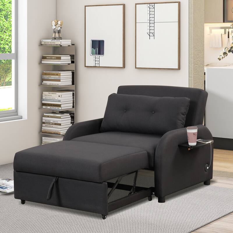 Roomfitters 3-in-1 Pull-Out Sofa Sleeper with 2-Wing Table USB Charging Port for Living Room Recreation Room - Black