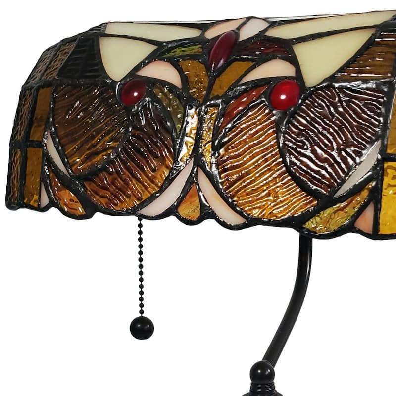 HomeRoots 16" Tiffany Style Brown and Orange Banker Desk Lamp - 13X19X11