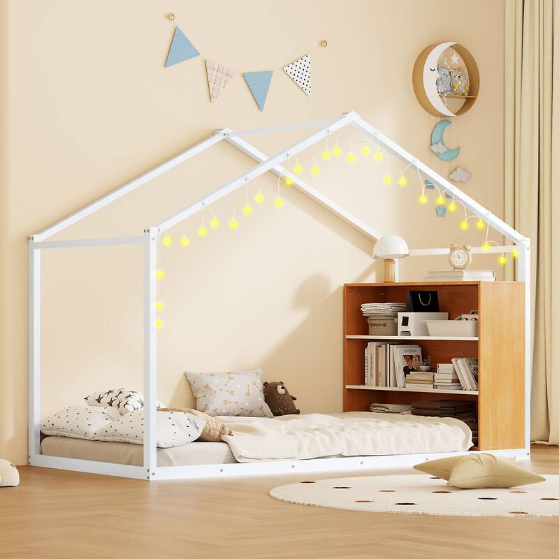 Full Size House Bed Frame with Metal Slats, Built-in Shelves, and LED Lights, Fun Playhouse Design for Kids - Twin White - Twin