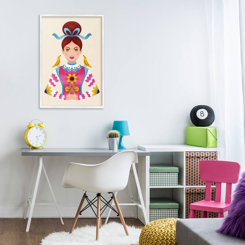 Stupell Brunette Girl with Birds Framed Giclee Art Design By Hannah Moren